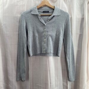 Brandy‎ Melville Gray Ribbed Collared Long Sleeve Cropped Button Up Top Y2K